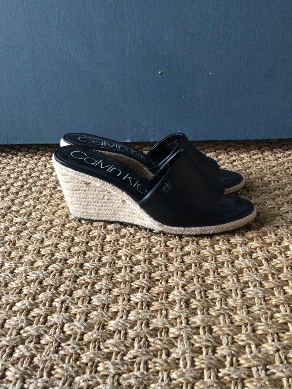 Calvin Klein Bandera Black Vegan Leather Espadrille Wedge Slides